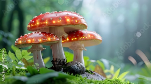 Obraz na płótnie Vibrant red capped toadstools in a lush misty forest w salonie
