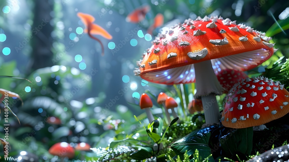 Red mushroom toadstool in a lush forest