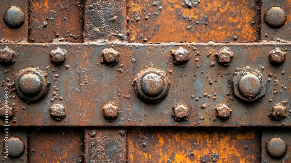 A close up shows corroded metal with large rivets present A close up shows corroded metal with large rivets present