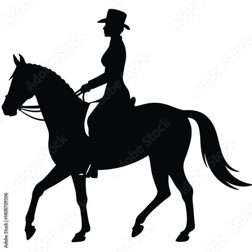 Woman Equestrian Silhouette Riding Horse with Hat on Transparent Background