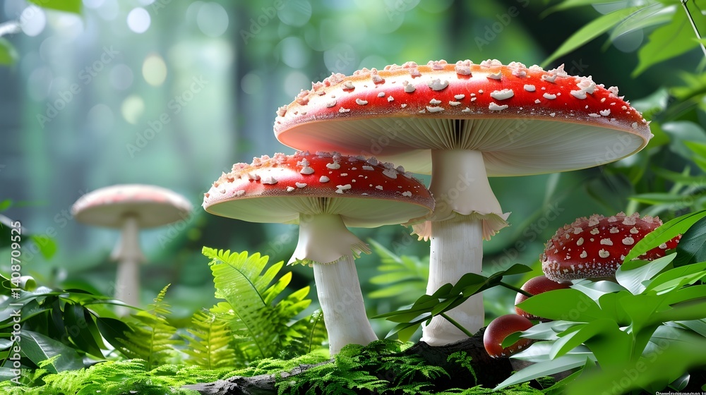 Red spotted mushrooms in a lush forest environment