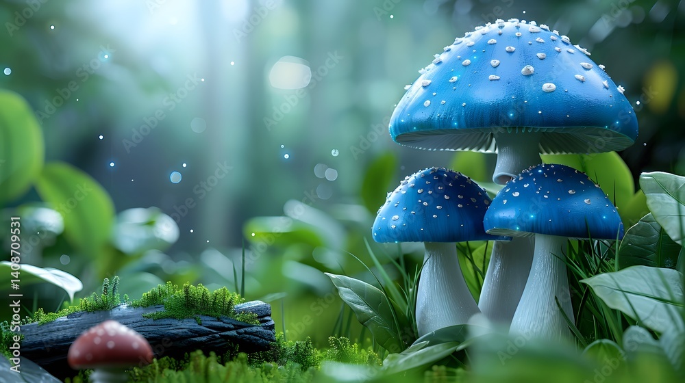 Blue mushrooms in a lush forest setting
