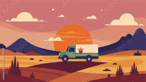 As the sun sets the truck becomes a beacon of hope in a bleak landscape bringing sustenance to those who have gone hungry for too long.. Vector illustration