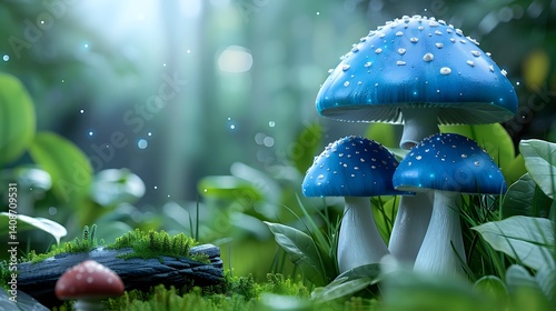 Obraz na płótnie Blue mushrooms in a lush forest setting w salonie