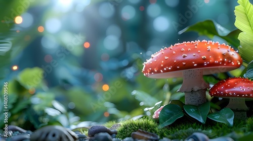 A pair of whimsical red capped spotted mushrooms in the forest