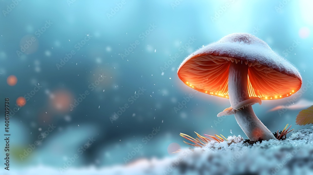 Vibrant mushroom in a misty forest