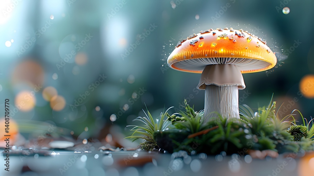 Vibrant mushroom growing in a lush forest environment