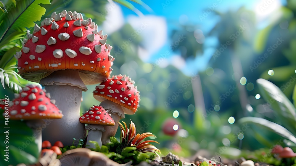 Vibrant red toadstools in a lush forest