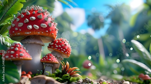 Obraz na płótnie Vibrant red toadstools in a lush forest w salonie