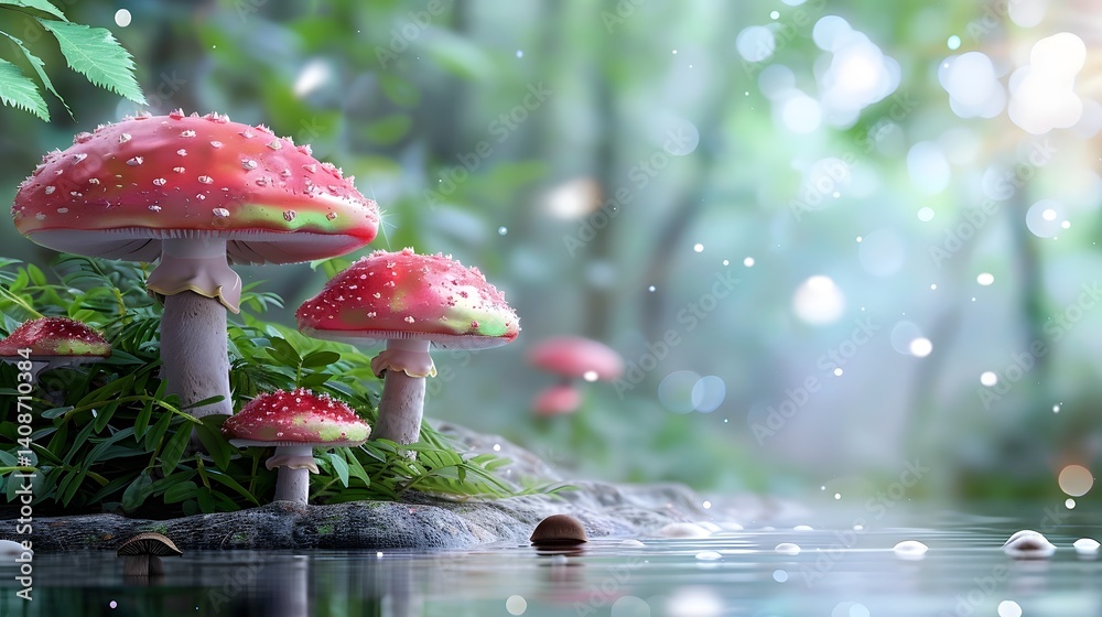 Vibrant mushrooms in a lush forest during a rainy day