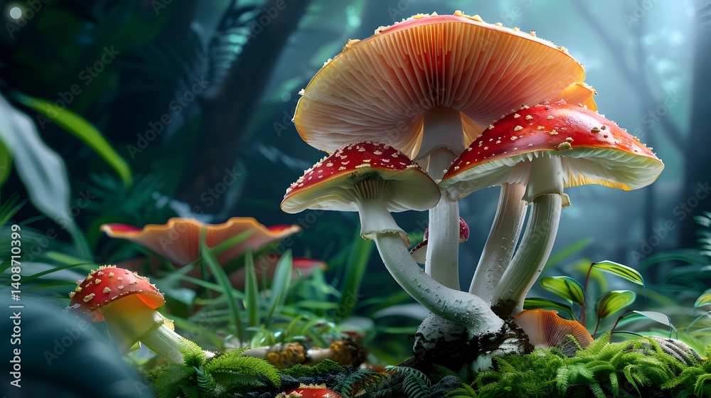 Vibrant mushrooms growing in a lush forest undergrowth