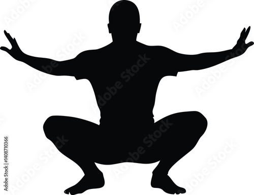 Asian Man Squatting Silhouette with Arms Outstretched on a Transparent Background
