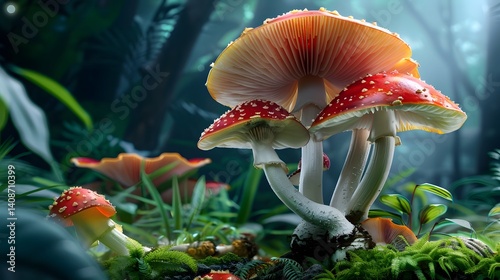 Obraz na płótnie Vibrant mushrooms growing in a lush forest undergrowth w salonie