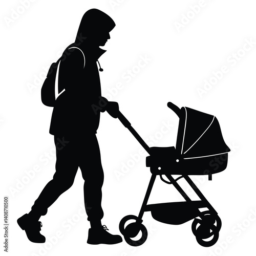Asian Silhouette Walking Pushing Baby Stroller Hooded Jacket on White Background
