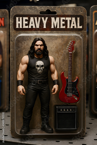 Detailed heavy metal action figure in packaging with guitar and amplifier displayed at a collectibles shop