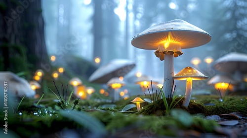 Glowing mushrooms in a misty forest