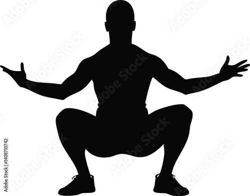 Barefoot Man Silhouette Squatting with Arms Outstretched on Transparent Background