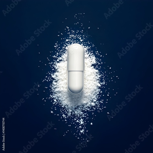 White Pill on Blue Background with Powder