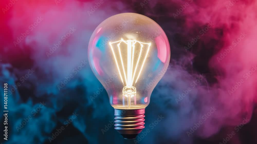Illuminated glass light bulb emitting bright warm light with colorful smoke, idea and innovation concept, vibrant colors. Illuminated glass light bulb emitting bright warm light with colorful smoke, idea and innovation concept, vibrant colors.
