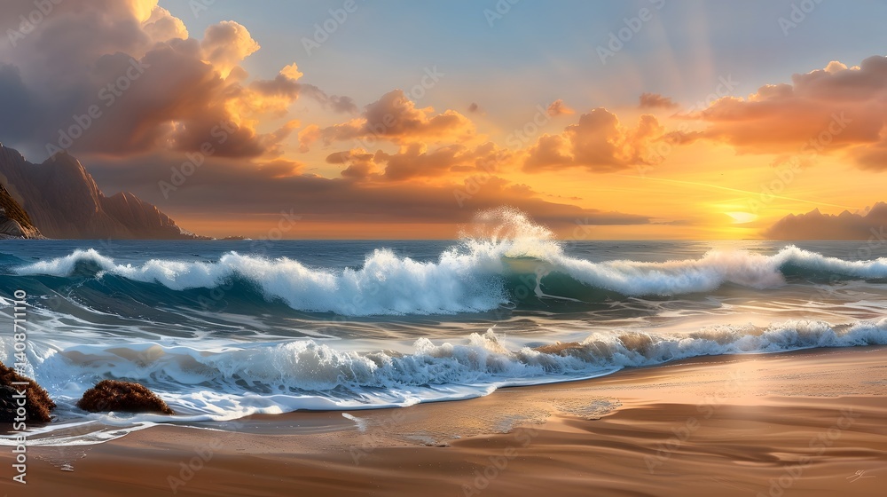 Dramatic ocean waves at sunset on a coastal beach