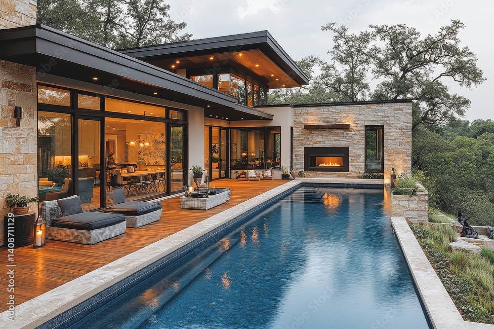 Obraz premium Modern farmhouse-style home in Texas Hill Country with infinity pool, outdoor furniture, and beautiful landscaping.