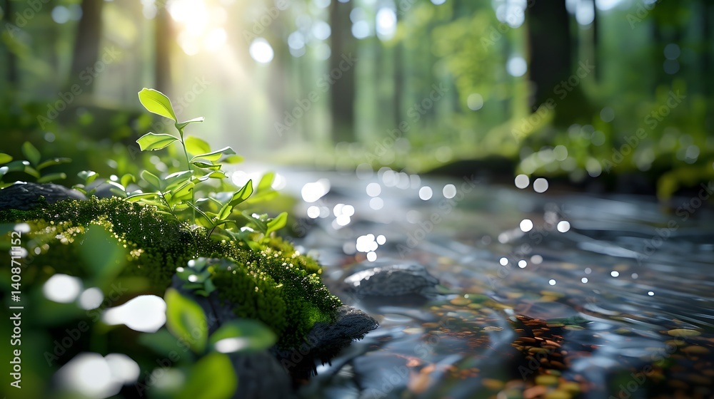 Tranquil forest stream with lush greenery and flowing water long title A peaceful scene of a small