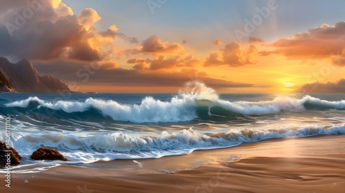 Obraz na płótnie Dramatic ocean waves at sunset on a coastal beach w salonie