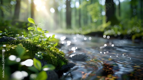Obraz na płótnie Tranquil forest stream with lush greenery and flowing water long title A peaceful scene of a small w salonie