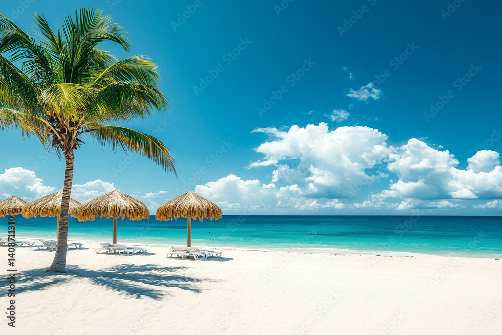 Obraz premium Tropical Beach Scene With Palm Trees And Umbrellas