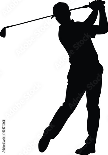 Black Silhouette of a Golf Player Swinging Golf Club on Transparent Background