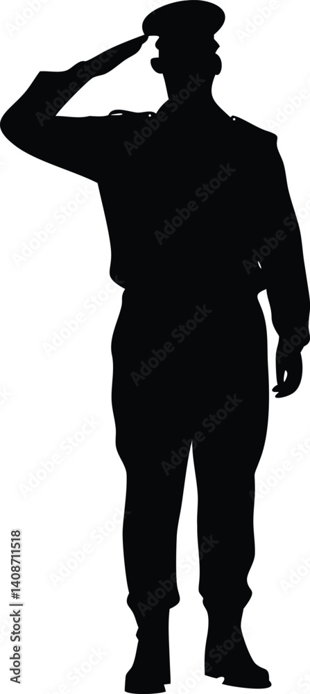 Fototapeta premium Black Silhouette of Military Man in Uniform Saluting with Hat on White Background
