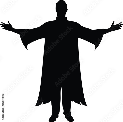Black Silhouette of Person in Robe with Arms Outstretched on Transparent