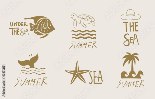 summer gold icon with shell,sea,wave,tree,fish tail for kid design