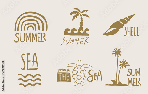summer gold icon with shell,sea,wave,tree,fish tail for kid design