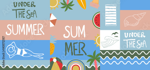 Summer geometric banner background with woman,watermelon.graphic for horizontal design