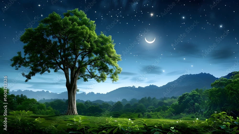 Serene nighttime landscape with a solitary tree under a crescent moon and starry sky