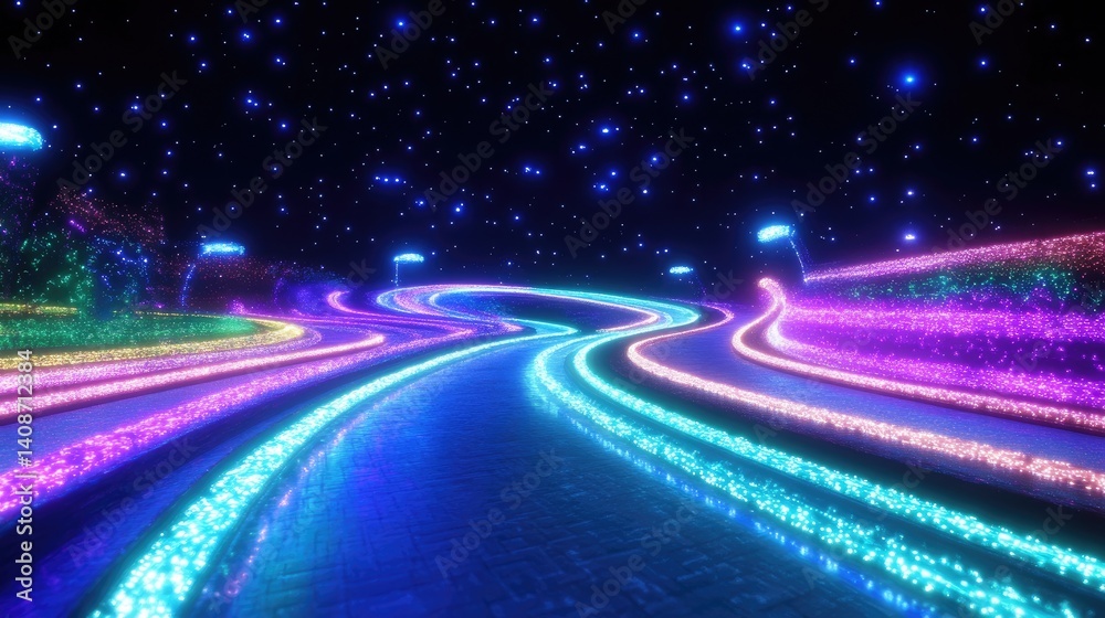 A vibrant, glowing pathway winds through a magical night sky. A vibrant, glowing pathway winds through a magical night sky.