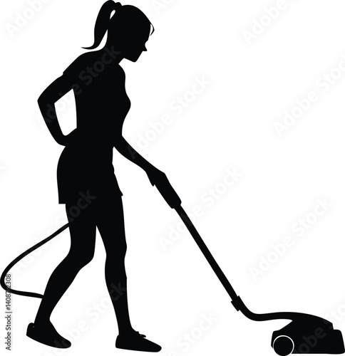 Cleaning Woman Silhouette with Vacuum, Ponytail Hairstyle on Transparent Background
