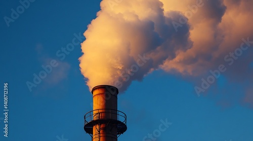 Close up of a steam engines smokestack releasing thick white steam against a deep blue evening sky