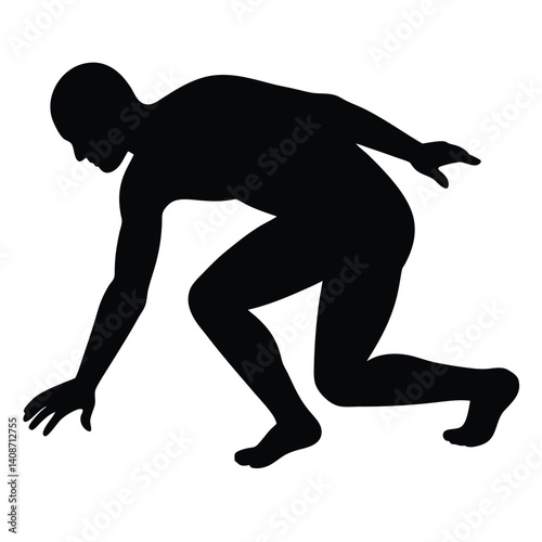 Crouching Silhouette Athletic Man Stretching, Exercise Posture on White