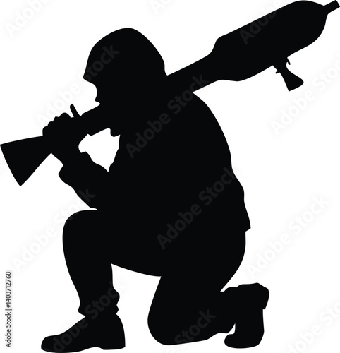 Crouching Soldier Silhouette with Bazooka Weapon on Shoulder on White Background