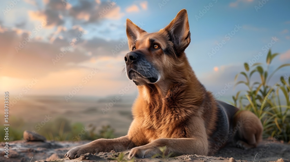 A loyal German shepherd enjoying the tranquil countryside at sunset