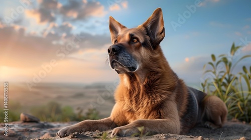 Obraz na płótnie A loyal German shepherd enjoying the tranquil countryside at sunset w salonie