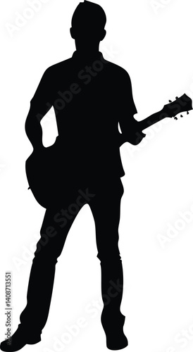 Guitarist silhouette with a guitar standing on transparent background, musical passion