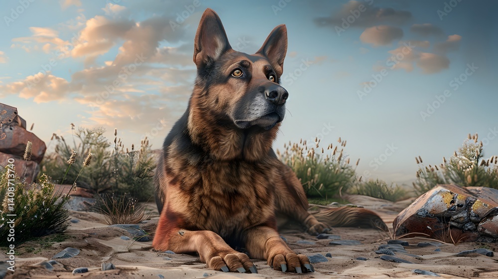 Attentive German shepherd dog in a serene outdoor setting