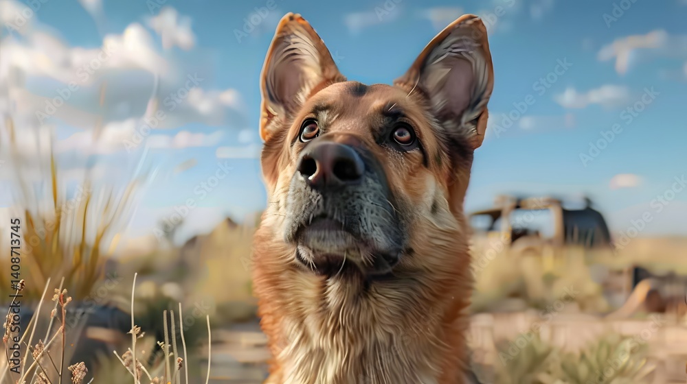 Alert German shepherd dog in outdoor desert landscape