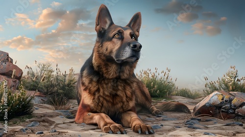 Obraz na płótnie Attentive German shepherd dog in a serene outdoor setting w salonie