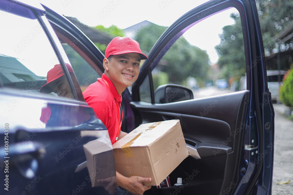 Young Asian Man In Red Uniform As a Courier Driver Holding Cardboard Box While Get Out Of The Car Young Asian Man In Red Uniform As a Courier Driver Holding Cardboard Box While Get Out Of The Car