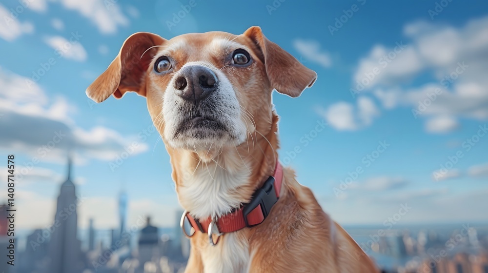 Friendly dog with city skyline in the background
