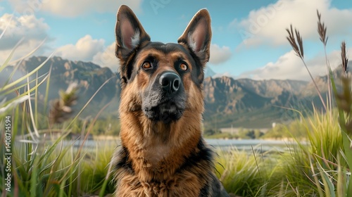 German shepherd dog in a scenic mountain landscape